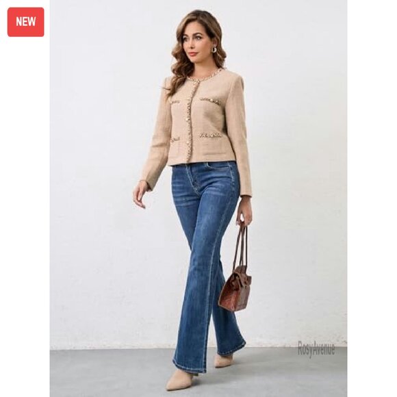 Cropped Tweed Blazer with Pockets, Long Sleeve Collarless Jacket - Picture 3 of 8